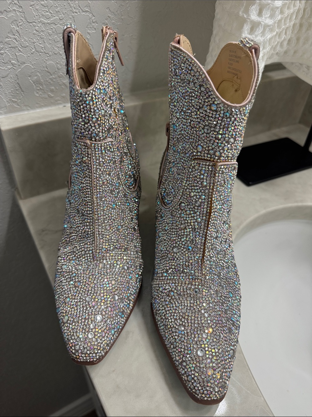Betsey Johnson Iridescent Crystal Embellished Ankle Booties - Pink Accent